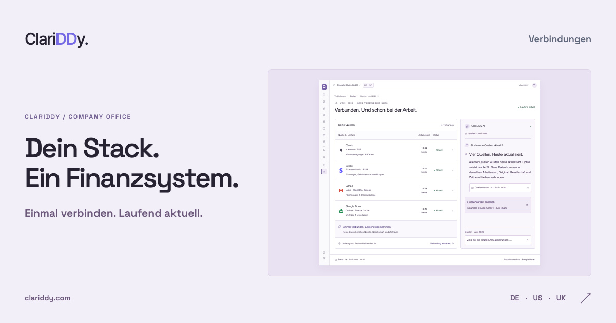 Dein Stack. Ein Finanzsystem. Einmal verbinden. Laufend aktuell.