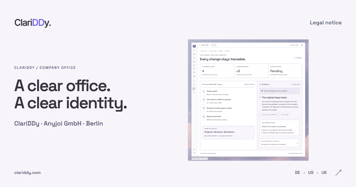 A clear office. A clear identity. ClariDDy · Anyjoi GmbH · Berlin