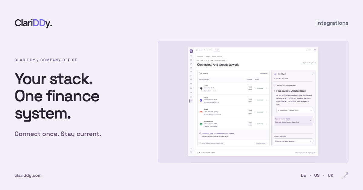 Your stack. One finance system. Connect once. Stay current.